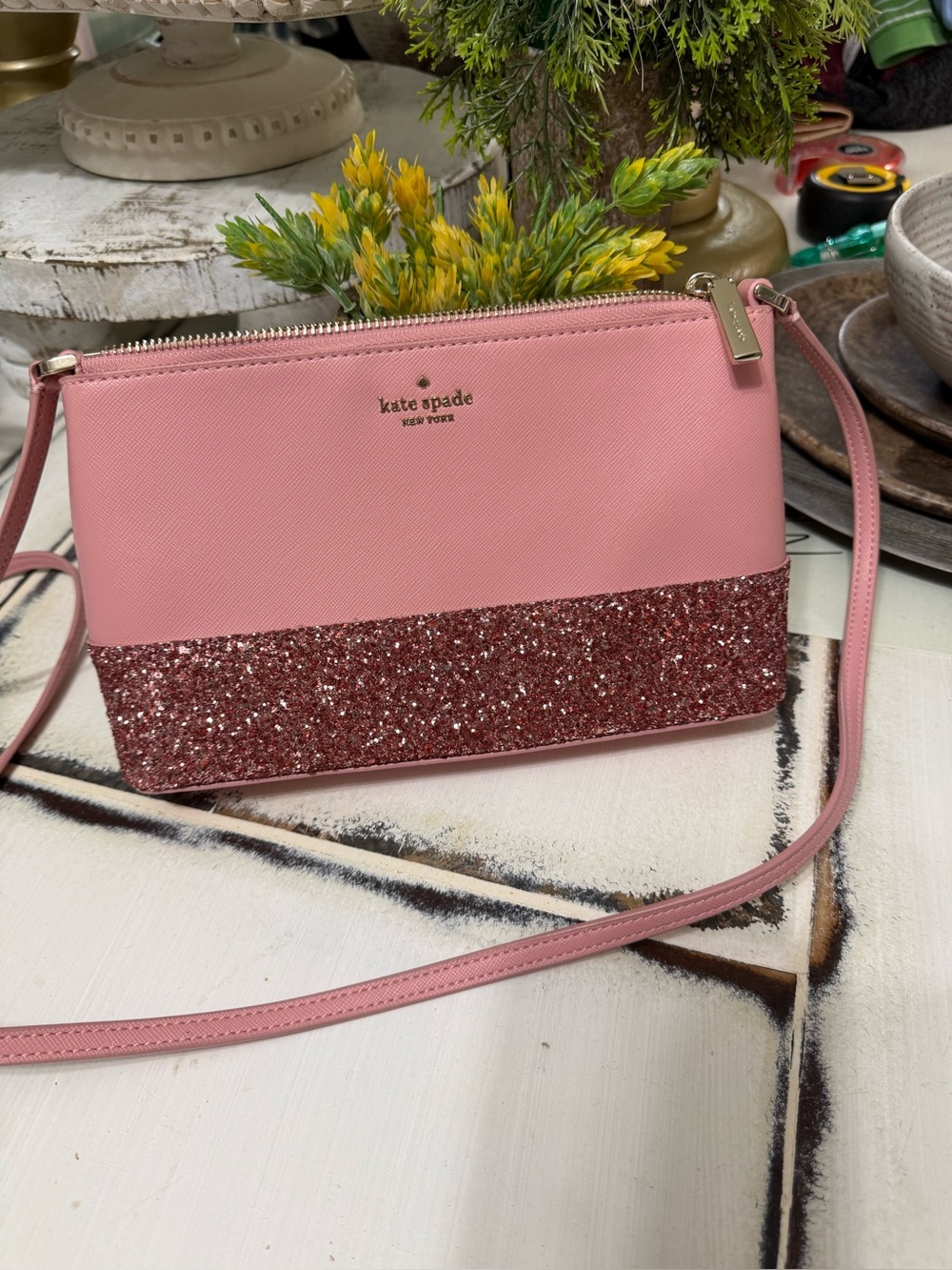 Kate‎ Spade New York Pink Glitter Stripe Saffiano Leather Crossbody Clutch Purse